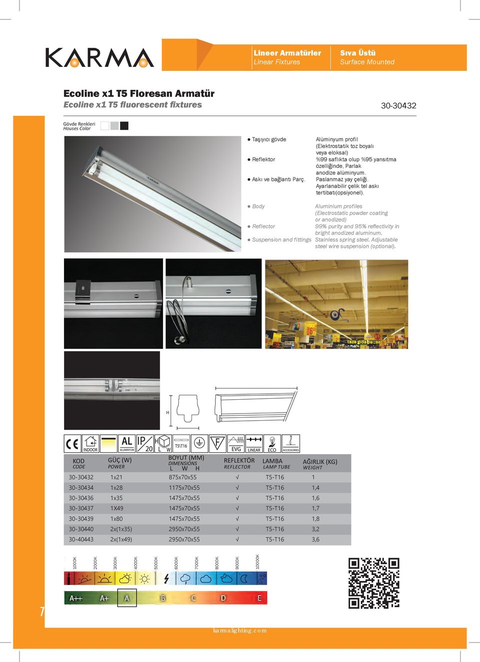 Reflector Aluminium profiles (Electrostatic powder coating or anodized) 99% purity and 95% reflectivity in bright anodized aluminum. Suspension and fittings Stainless spring steel.