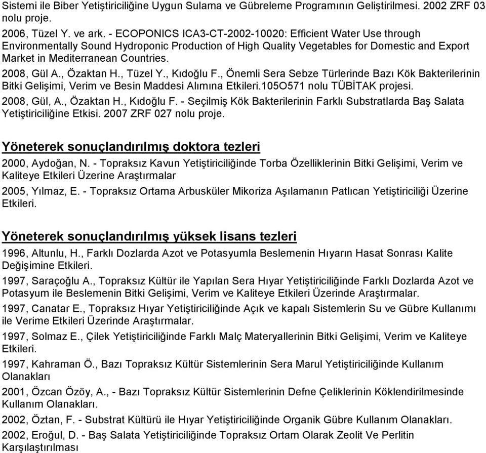 2008, Gül A., Özaktan H., Tüzel Y., Kıdoğlu F., Önemli Sera Sebze Türlerinde Bazı Kök Bakterilerinin Bitki Gelişimi, Verim ve Besin Maddesi Alımına Etkileri.105O571 nolu TÜBİTAK projesi. 2008, Gül, A.