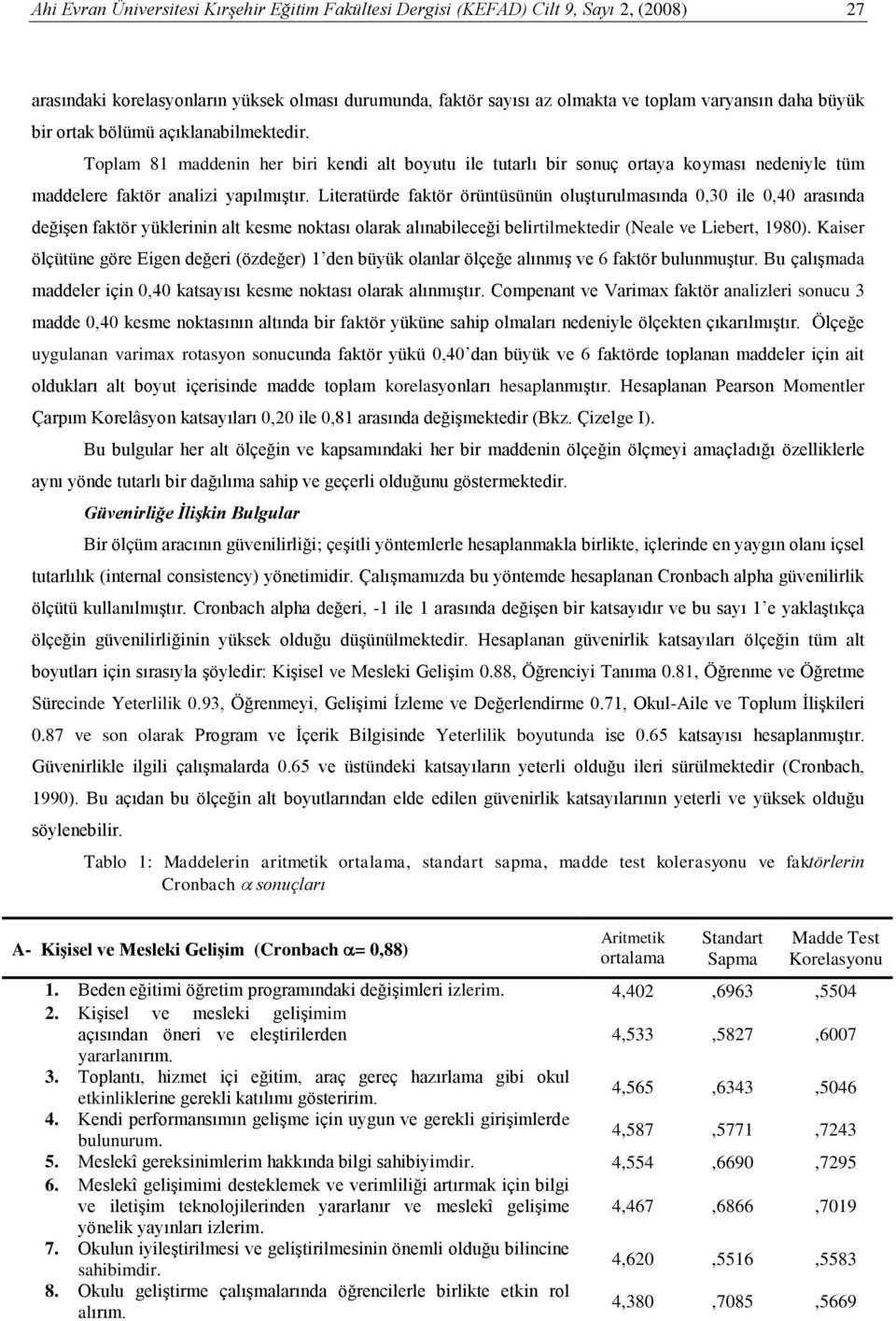 Literatürde faktör örüntüsünün oluşturulmasında 0,30 ile 0,40 arasında değişen faktör yüklerinin alt kesme noktası olarak alınabileceği belirtilmektedir (Neale ve Liebert, 1980).