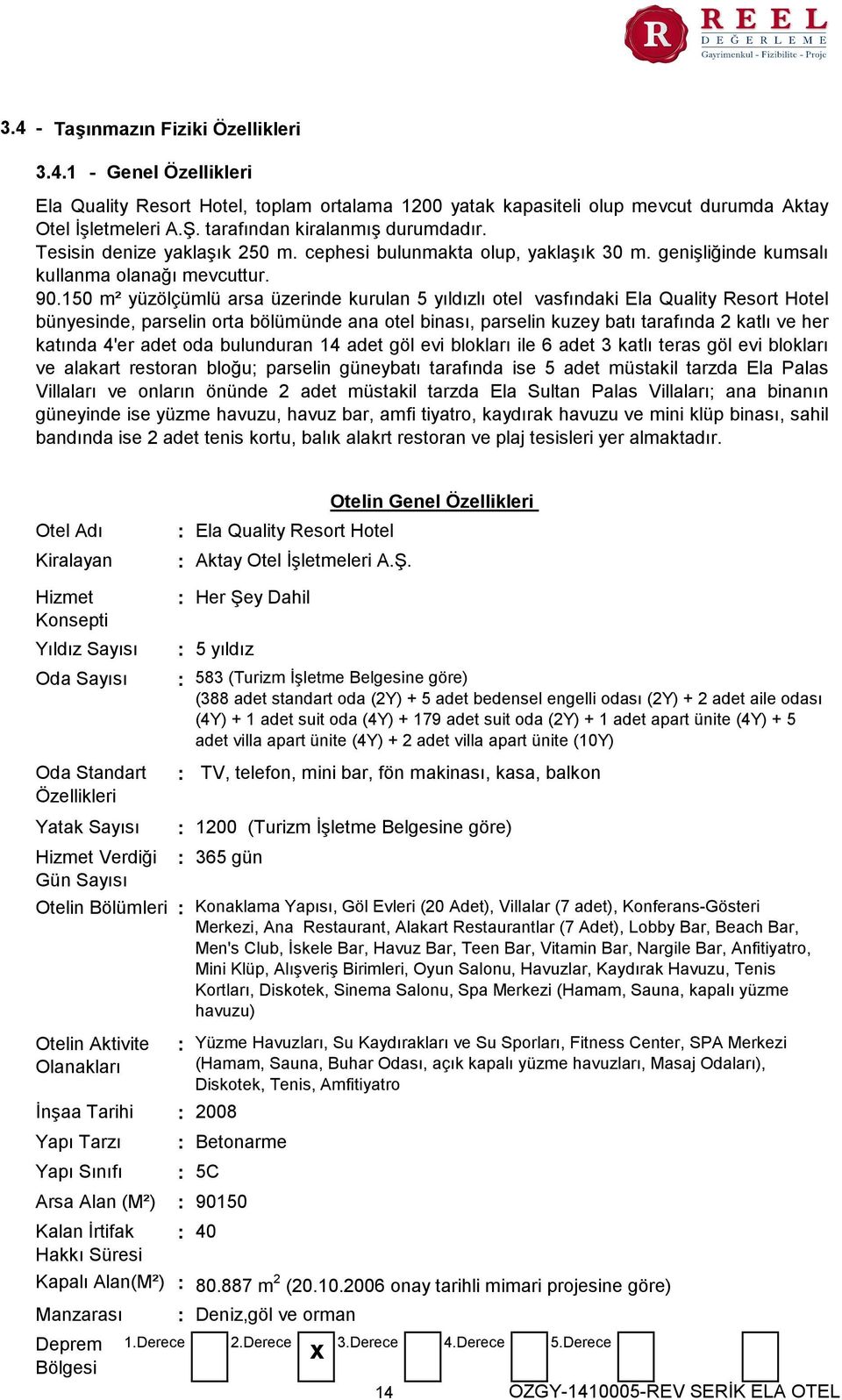 150 m² yüzölçümlü arsa üzerinde kurulan 5 yıldızlı otel vasfındaki Ela Quality Resort Hotel bünyesinde, parselin orta bölümünde ana otel binası, parselin kuzey batı tarafında 2 katlı ve her katında