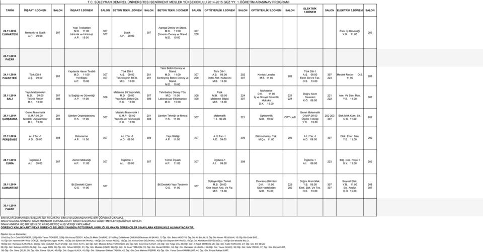 11.4 TESİ Yapılarda Hasar Tesbiti Yol Bilgisi A.P. 15:00 Teknolojinin Bil.İlk. M.D. 13:00 Taze Beton Deney ve Stand. Sertleşmiş Beton Deney ve Stand. M.D. 15:00 208 Optik Alet. Kullanımı M.B. 13.00 Kontak Lensler M.