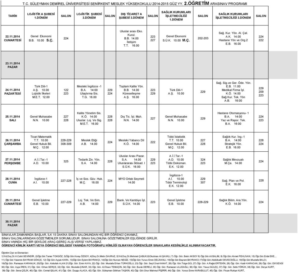 T. 16.00 S.Ü.K. 10.00 M.Ç. - Sağ. Kur. Yön. Al. Çal. A.K. Hastane Yön ve Org.2 23.11.4 24.11.4 TESİ Lojistik İlkeleri M.E.T. 12.00 Mesleki İngilizce -1 Ulaştırma Sis. Toplam Kalite Yön. B.