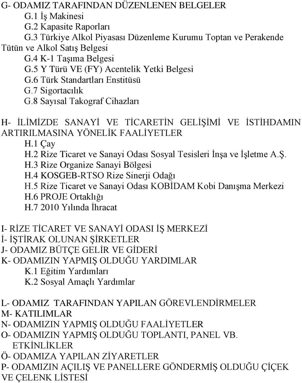 8 Sayısal Takograf Cihazları H- İLİMİZDE SANAYİ VE TİCARETİN GELİŞİMİ VE İSTİHDAMIN ARTIRILMASINA YÖNELİK FAALİYETLER H.1 Çay H.2 Rize Ticaret ve Sanayi Odası Sosyal Tesisleri İnşa ve İşletme A.Ş. H.3 Rize Organize Sanayi Bölgesi H.