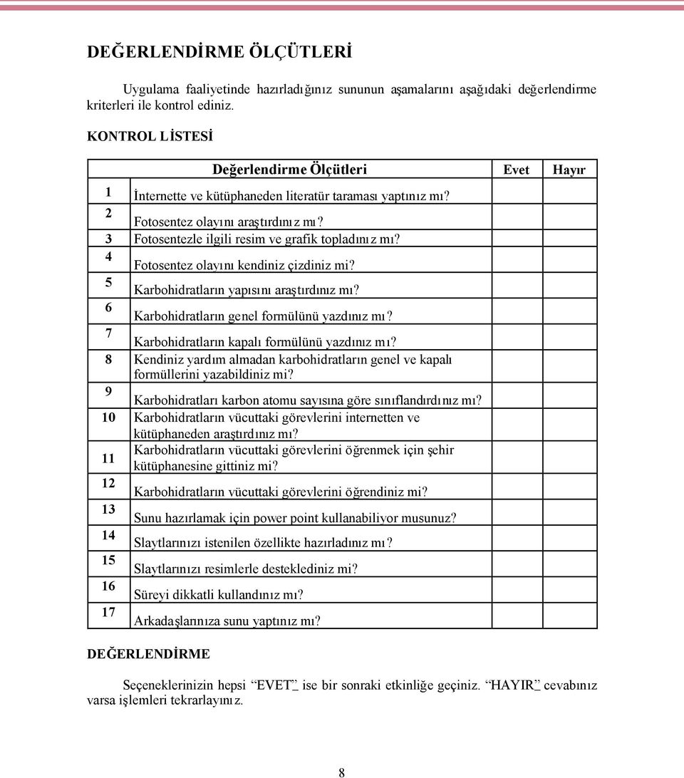 4 Fotosentez olayınıkendiniz çizdiniz mi? 5 Karbohidratların yapısınıaraştırdınız mı? 6 Karbohidratların genel formülünü yazdınız mı? 7 Karbohidratların kapalıformülünü yazdınız mı?