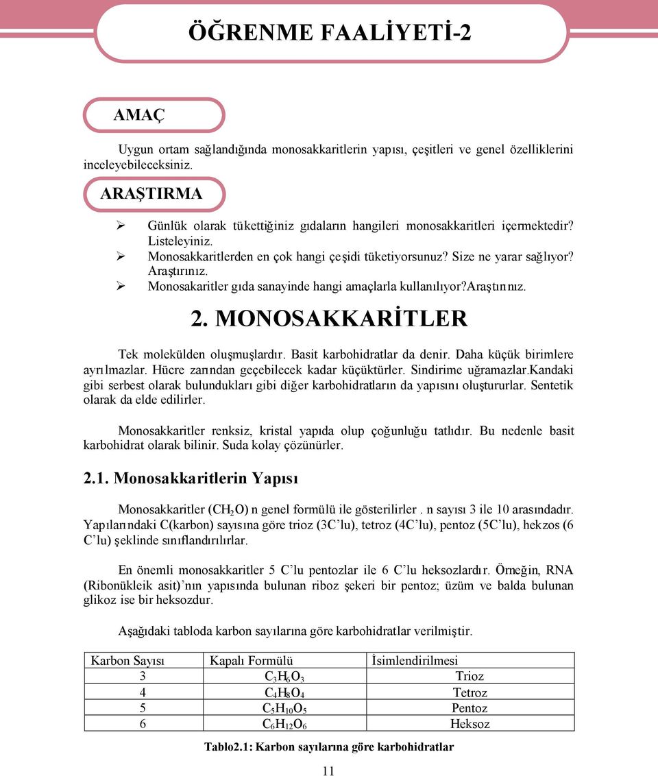 Monosakaritler gıda sanayinde hangi amaçlarla kullanılıyor?araştırınız. 2. MONOSAKKARİTLER Tek molekülden oluşmuşlardır. Basit karbohidratlar da denir. Daha küçük birimlere ayrılmazlar.