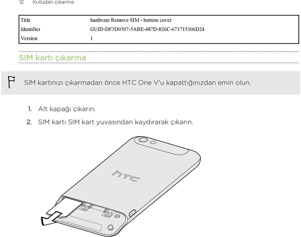 çıkarma SIM kartınızı çıkarmadan önce HTC One V'u kapattığınızdan