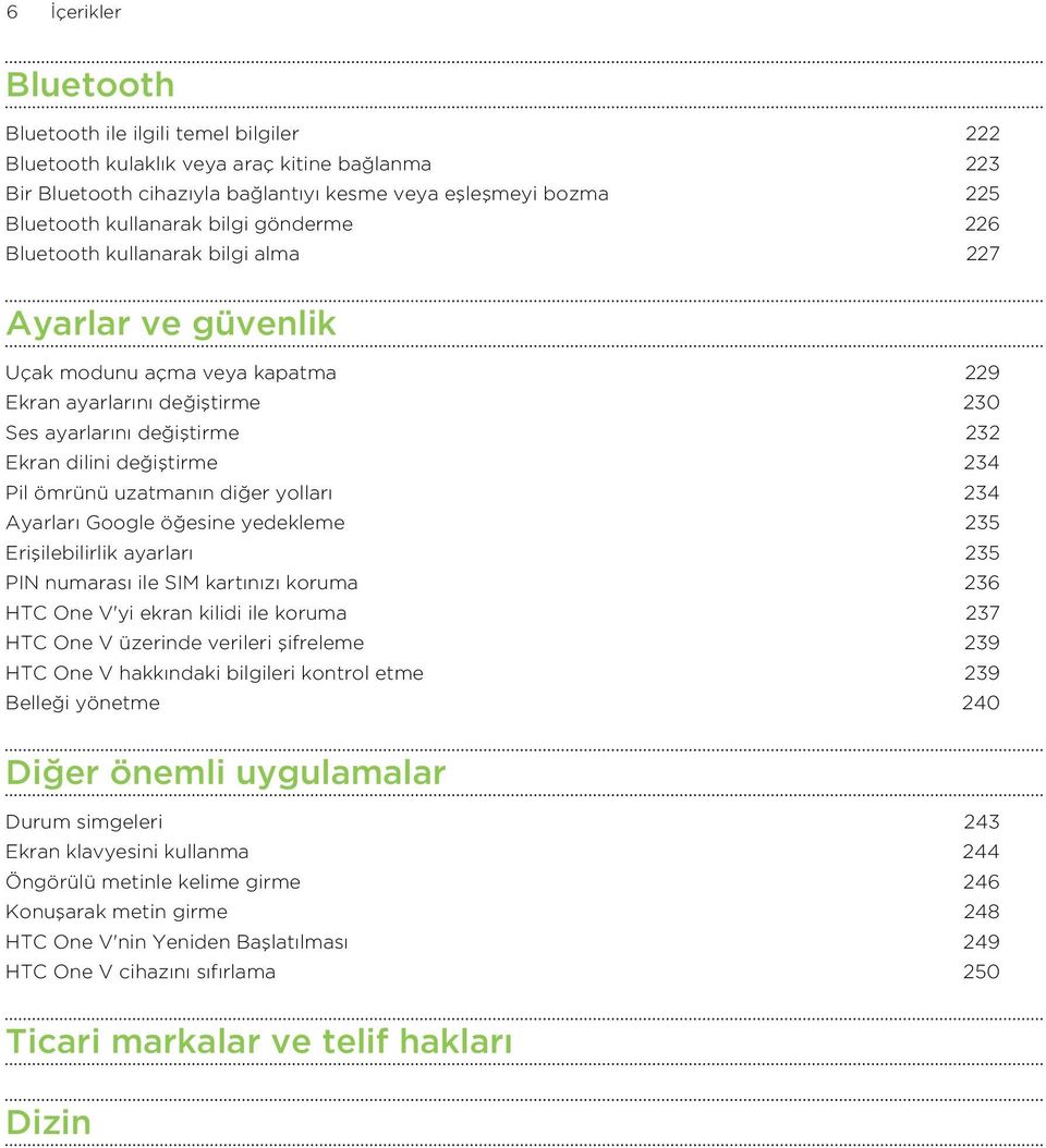 Pil ömrünü uzatmanın diğer yolları 234 Ayarları Google öğesine yedekleme 235 Erişilebilirlik ayarları 235 PIN numarası ile SIM kartınızı koruma 236 HTC One V'yi ekran kilidi ile koruma 237 HTC One V