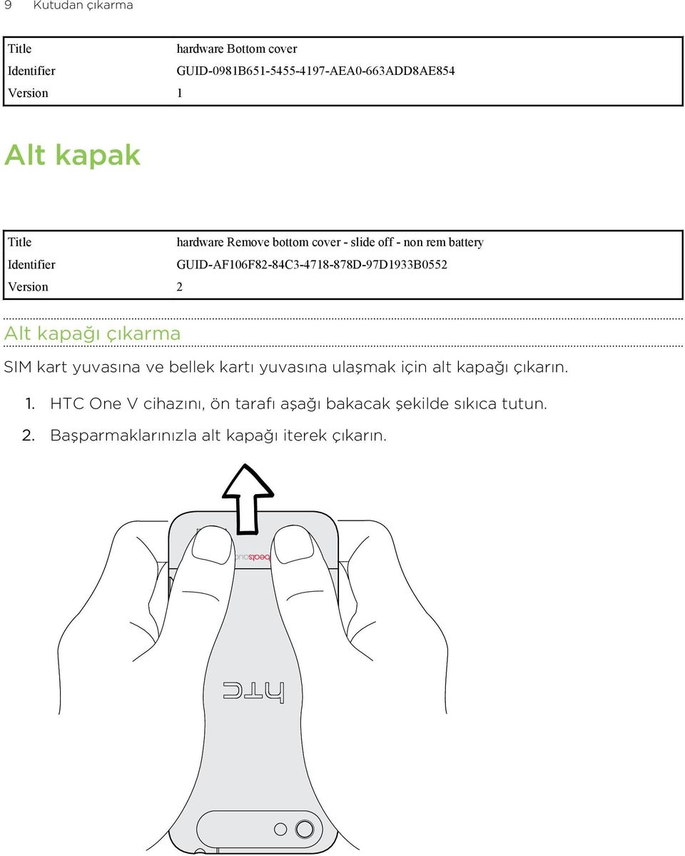 Version 2 Alt kapağı çıkarma SIM kart yuvasına ve bellek kartı yuvasına ulaşmak için alt kapağı çıkarın. 1.