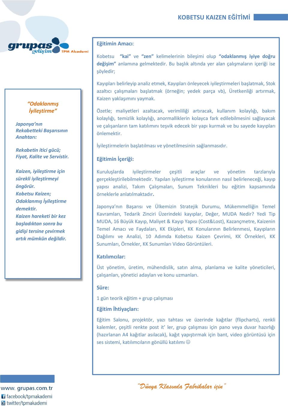 Kaizen, iyileştirme için sürekli iyileştirmeyi öngörür. Kobetsu Kaizen; Odaklanmış İyileştirme demektir. Kaizen hareketi bir kez başladıktan sonra bu gidişi tersine çevirmek artık mümkün değildir.