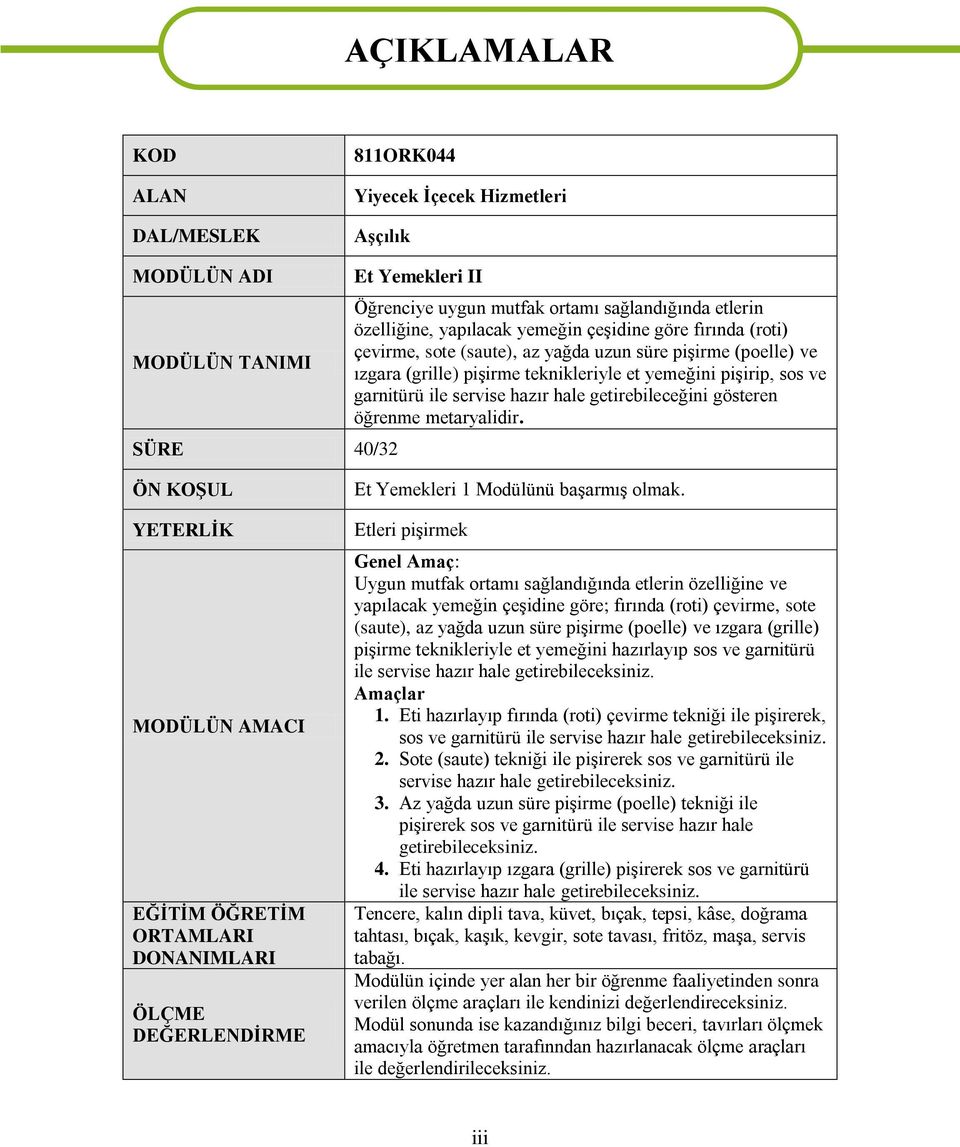 ile servise hazır hale getirebileceğini gösteren öğrenme metaryalidir. ÖN KOŞUL YETERLİK MODÜLÜN AMACI EĞİTİM ÖĞRETİM ORTAMLARI DONANIMLARI ÖLÇME DEĞERLENDİRME Et Yemekleri 1 Modülünü başarmış olmak.