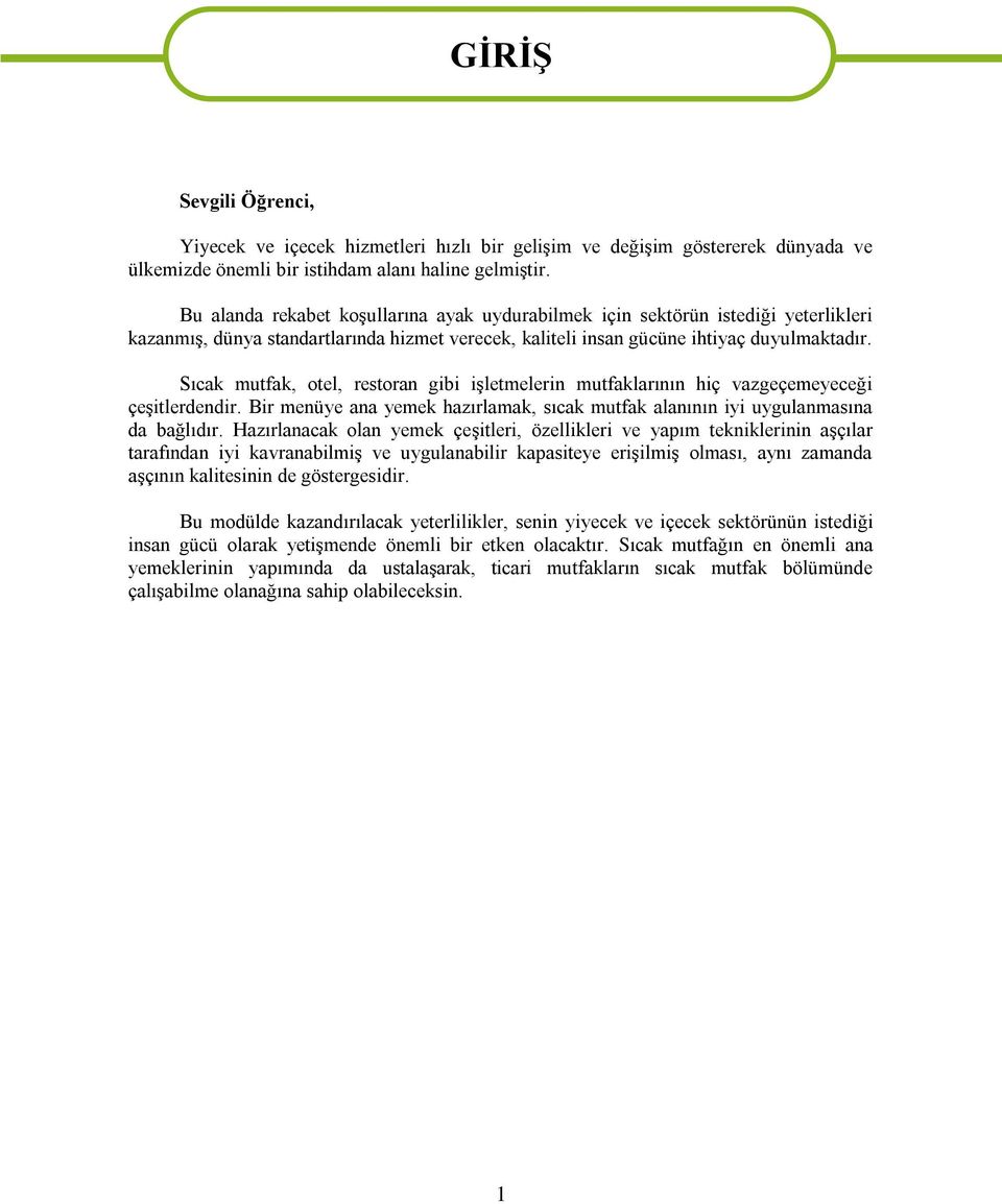 Sıcak mutfak, otel, restoran gibi işletmelerin mutfaklarının hiç vazgeçemeyeceği çeşitlerdendir. Bir menüye ana yemek hazırlamak, sıcak mutfak alanının iyi uygulanmasına da bağlıdır.