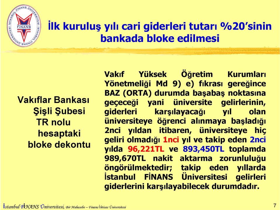 alınmaya başladığı 2nci yıldan itibaren, üniversiteye hiç geliri olmadığı 1nci yıl ve takip eden 2nci yılda 96,221TL ve 893,450TL toplamda 989,670TL nakit aktarma zorunluluğu