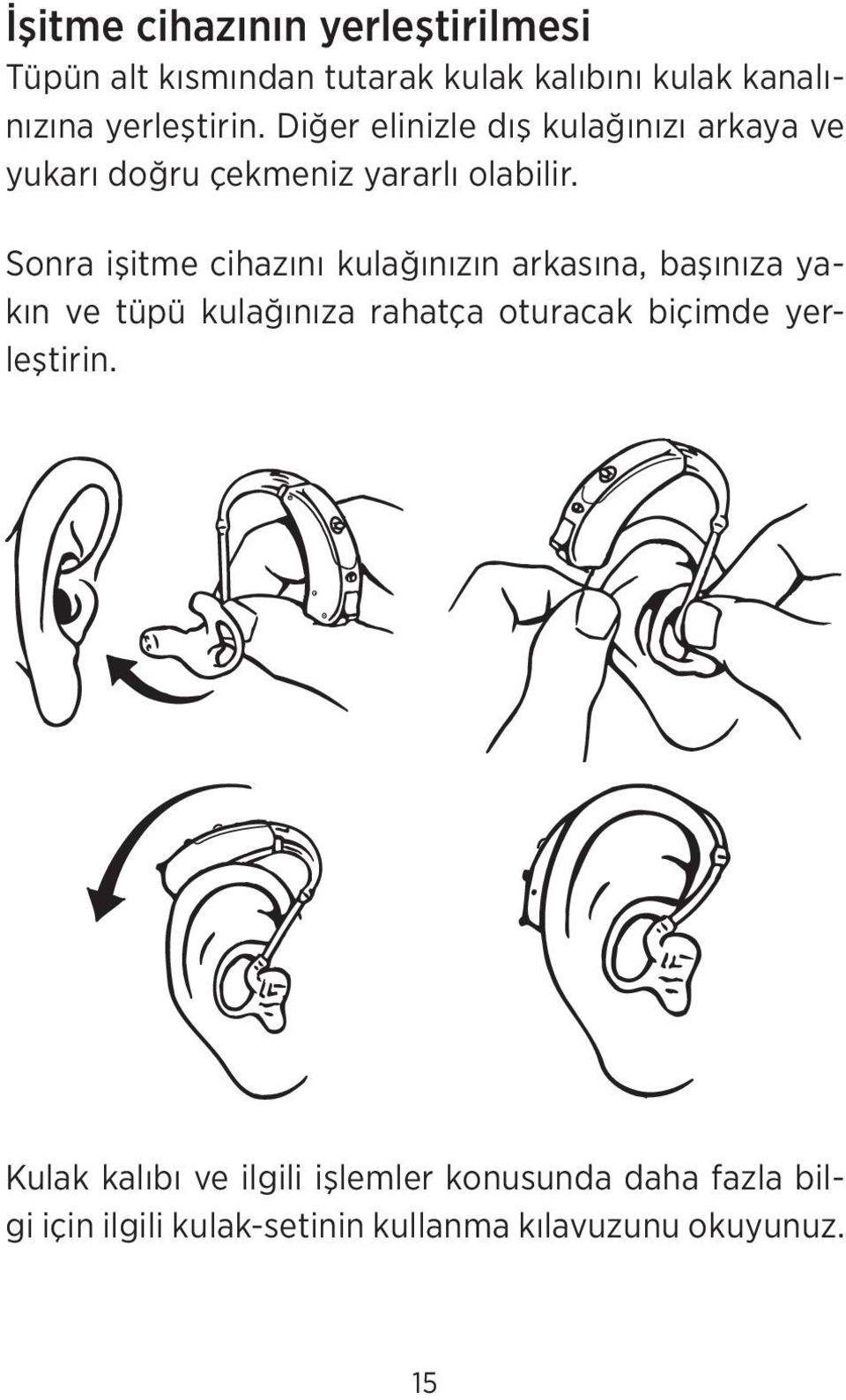 Sonra işitme cihazını kulağınızın arkasına, başınıza yakın ve tüpü kulağınıza rahatça oturacak biçimde