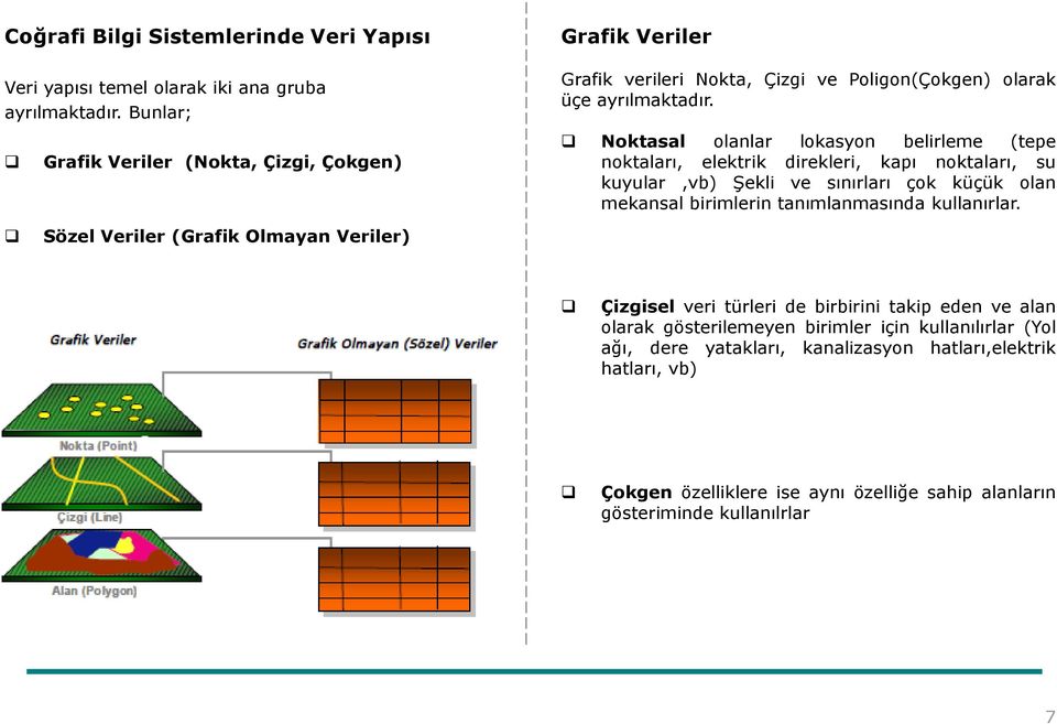 Noktasal olanlar lokasyon belirleme (tepe noktaları, elektrik direkleri, kapı noktaları, su kuyular,vb) Şekli ve sınırları çok küçük olan mekansal birimlerin tanımlanmasında