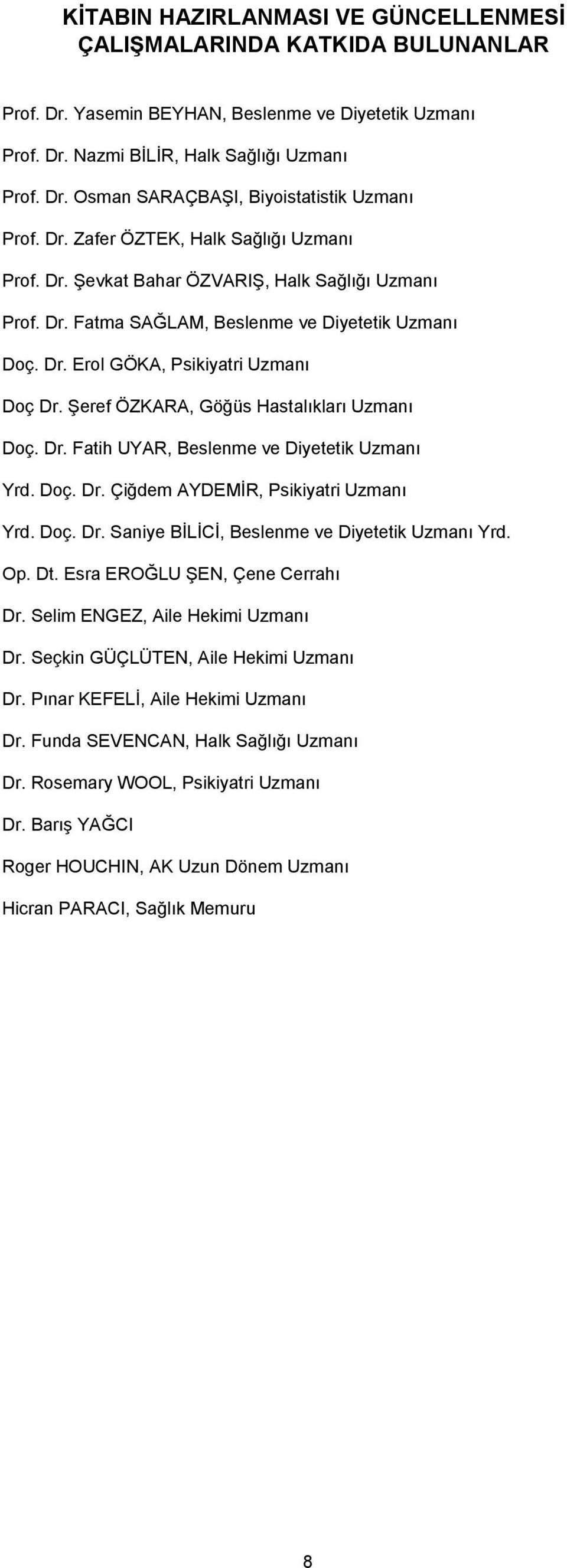 Şeref ÖZKARA, Göğüs Hastalıkları Uzmanı Doç. Dr. Fatih UYAR, Beslenme ve Diyetetik Uzmanı Yrd. Doç. Dr. Çiğdem AYDEMİR, Psikiyatri Uzmanı Yrd. Doç. Dr. Saniye BİLİCİ, Beslenme ve Diyetetik Uzmanı Yrd.