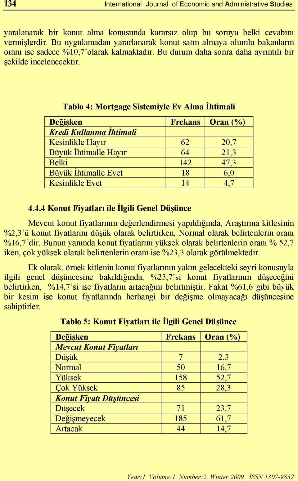 Tablo 4: Mortgage Sistemiyle Ev Alma İhtimali Değişken Frekans Oran (%) Kredi Kullanma İhtimali Kesinlikle Hayır 62 20,7 Büyük İhtimalle Hayır 64 21,3 Belki 142 47,3 Büyük İhtimalle Evet 18 6,0