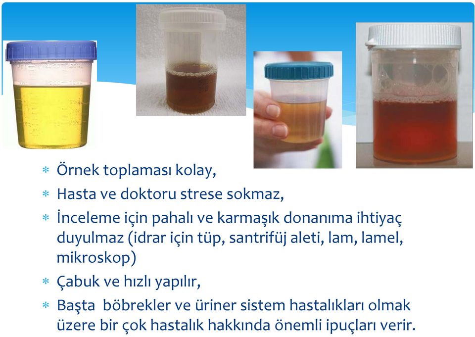 lam, lamel, mikroskop) Çabuk ve hızlı yapılır, Başta böbrekler ve üriner