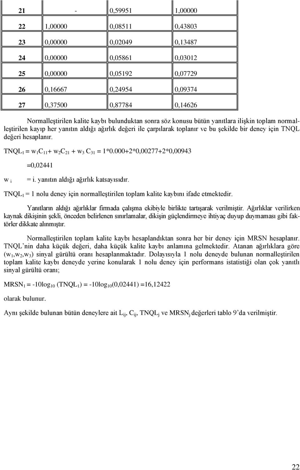 hesaplanır. TNQL 1 = w 1 C 11 + w 2 C 21 + w 3 C 31 = 1*0.000+2*0,00277+2*0,00943 =0,02441 w i = i. yanıtın aldığı ağırlık katsayısıdır.