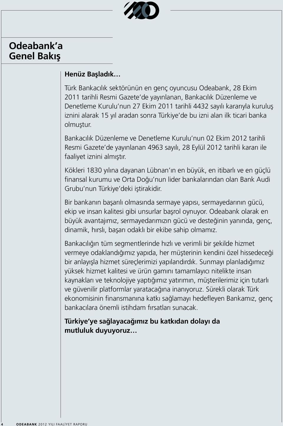 Bankacılık Düzenleme ve Denetleme Kurulu nun 02 Ekim 2012 tarihli Resmi Gazete de yayınlanan 4963 sayılı, 28 Eylül 2012 tarihli kararı ile faaliyet iznini almıştır.