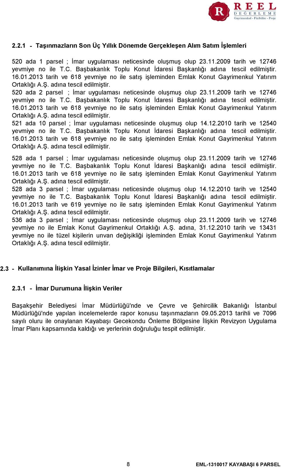 11.2009 tarih ve 12746 yevmiye no ile T.C. Başbakanlık Toplu Konut İdaresi Başkanlığı adına tescil edilmiştir. 16.01.