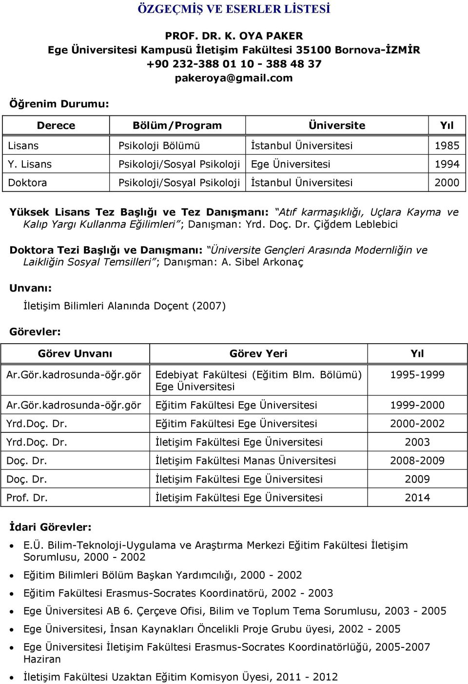 Lisans Psikoloji/Sosyal Psikoloji Ege Üniversitesi 1994 Doktora Psikoloji/Sosyal Psikoloji İstanbul Üniversitesi 2000 Yüksek Lisans Tez Başlığı ve Tez Danışmanı: Atıf karmaşıklığı, Uçlara Kayma ve