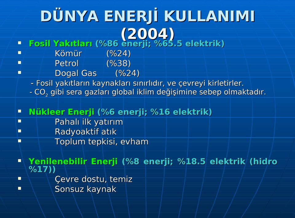 kirletirler. - CO 2 gibi sera gazları global iklim değişimine sebep olmaktadır.