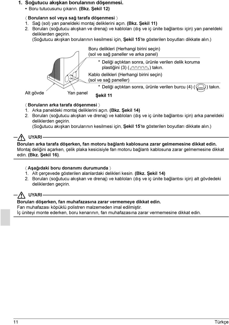 (Soğutucu akışkan borularının kesilmesi için, Şekil 15 te gösterilen boyutları dikkate alın.) Boruların arka tarafa döşenmesi 1. Arka paneldeki montaj deliklerini açın. (Bkz. Şekil 14) 2.