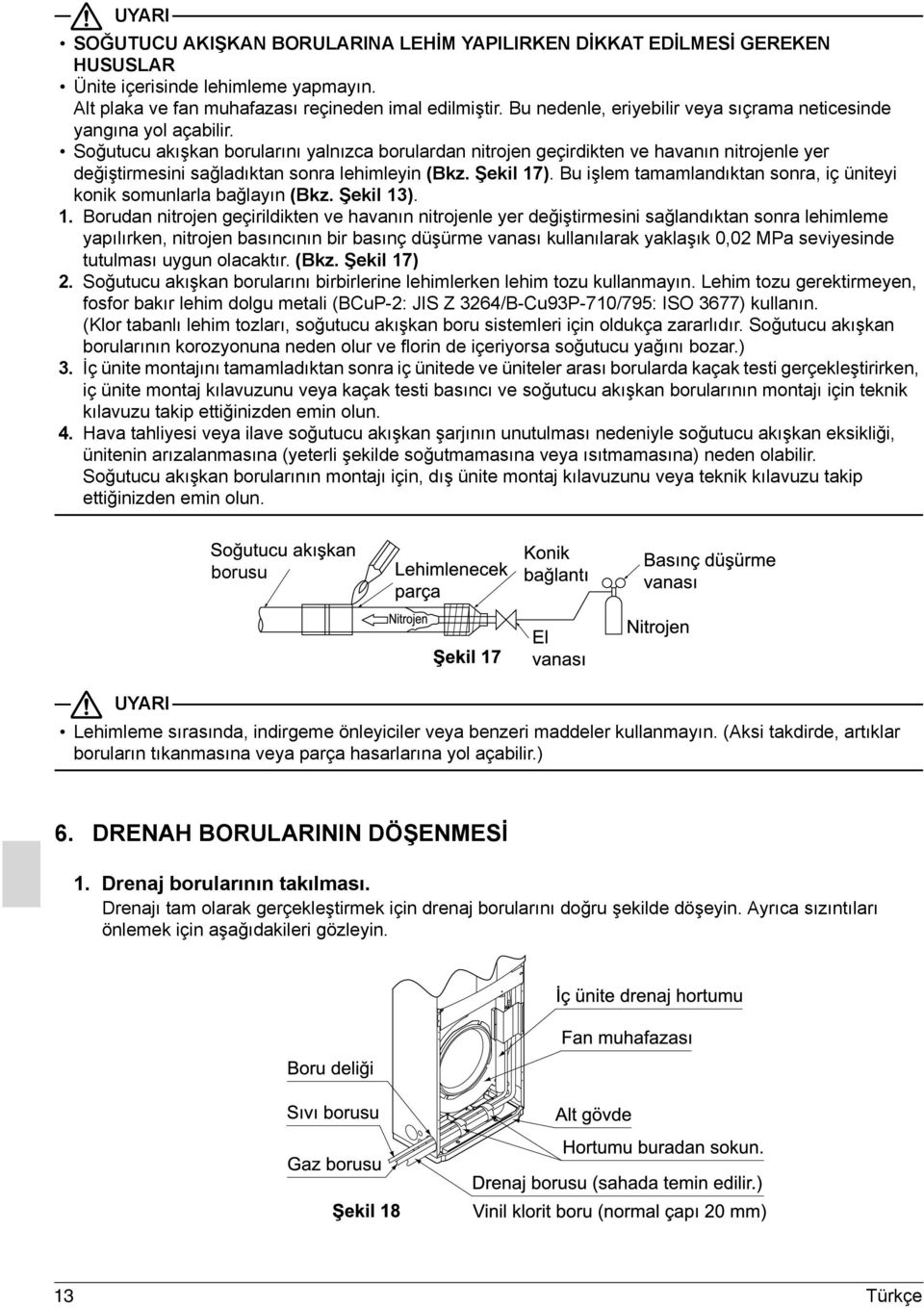 Soğutucu akışkan borularını yalnızca borulardan nitrojen geçirdikten ve havanın nitrojenle yer değiştirmesini sağladıktan sonra lehimleyin (Bkz. Şekil 17).