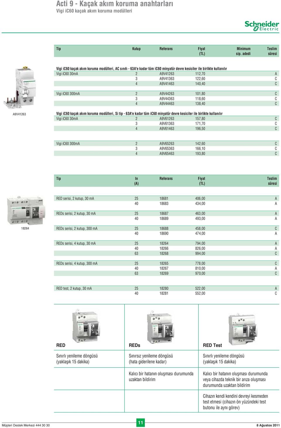 140,40 C Vigi ic60 300mA 2 A9V44263 101,80 C 3 A9V44363 118,60 C 4 A9V44463 138,40 C A9V41263 Vigi ic60 kaçak akım koruma modülleri, Si tip - 63A'e kadar tüm ic60 minyatür devre kesiciler ile