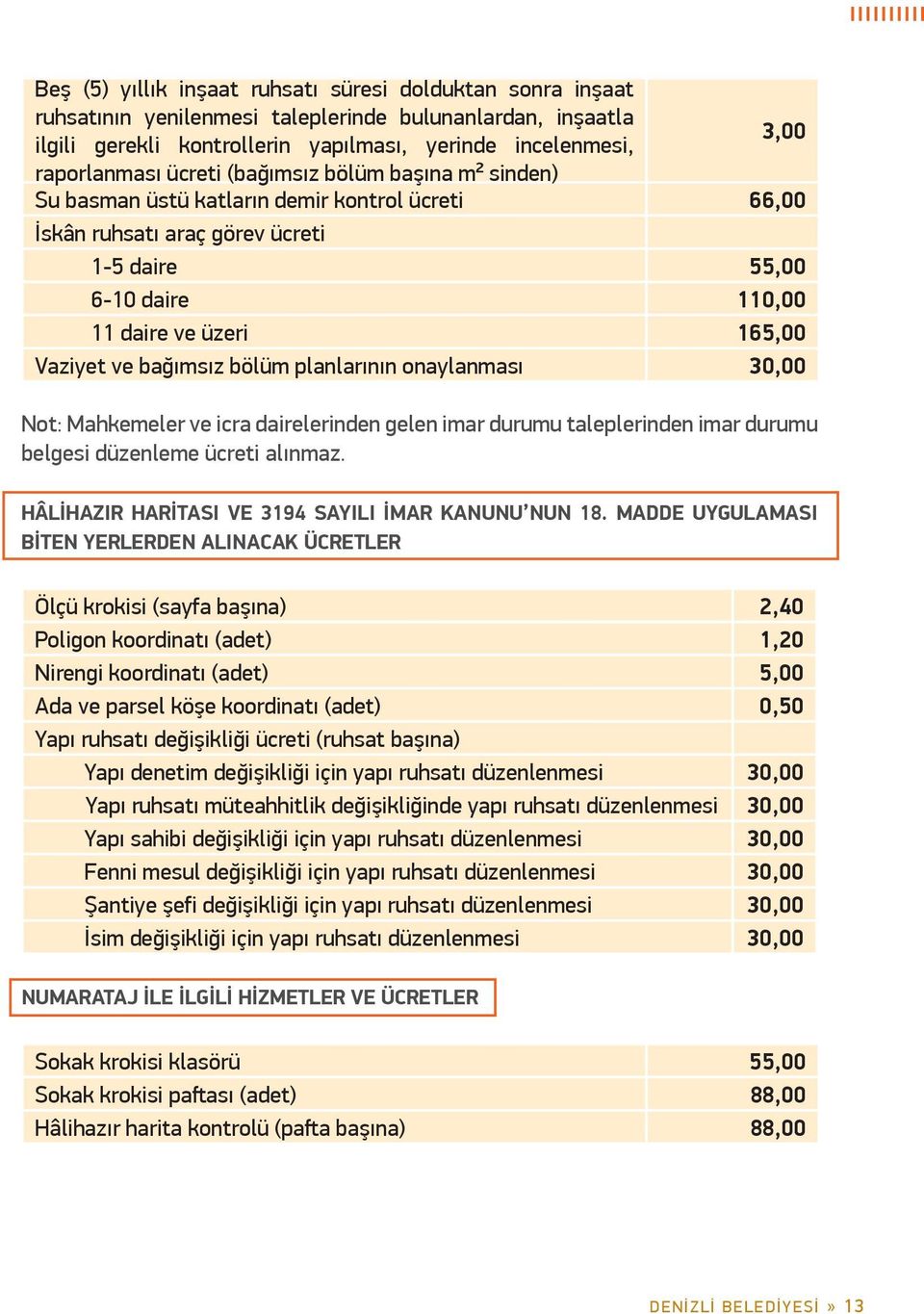 bağımsız bölüm planlarının onaylanması 30,00 Not: Mahkemeler ve icra dairelerinden gelen imar durumu taleplerinden imar durumu belgesi düzenleme ücreti alınmaz.