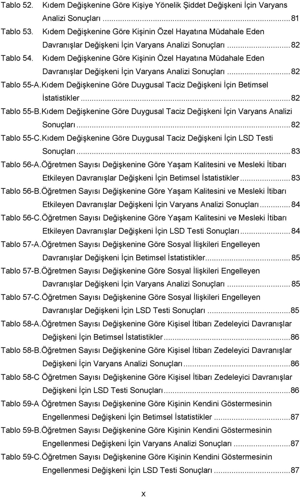 Kıdem Değişkenine Göre Kişinin Özel Hayatına Müdahale Eden Davranışlar Değişkeni İçin Varyans Analizi Sonuçları...82 Tablo 55-A.