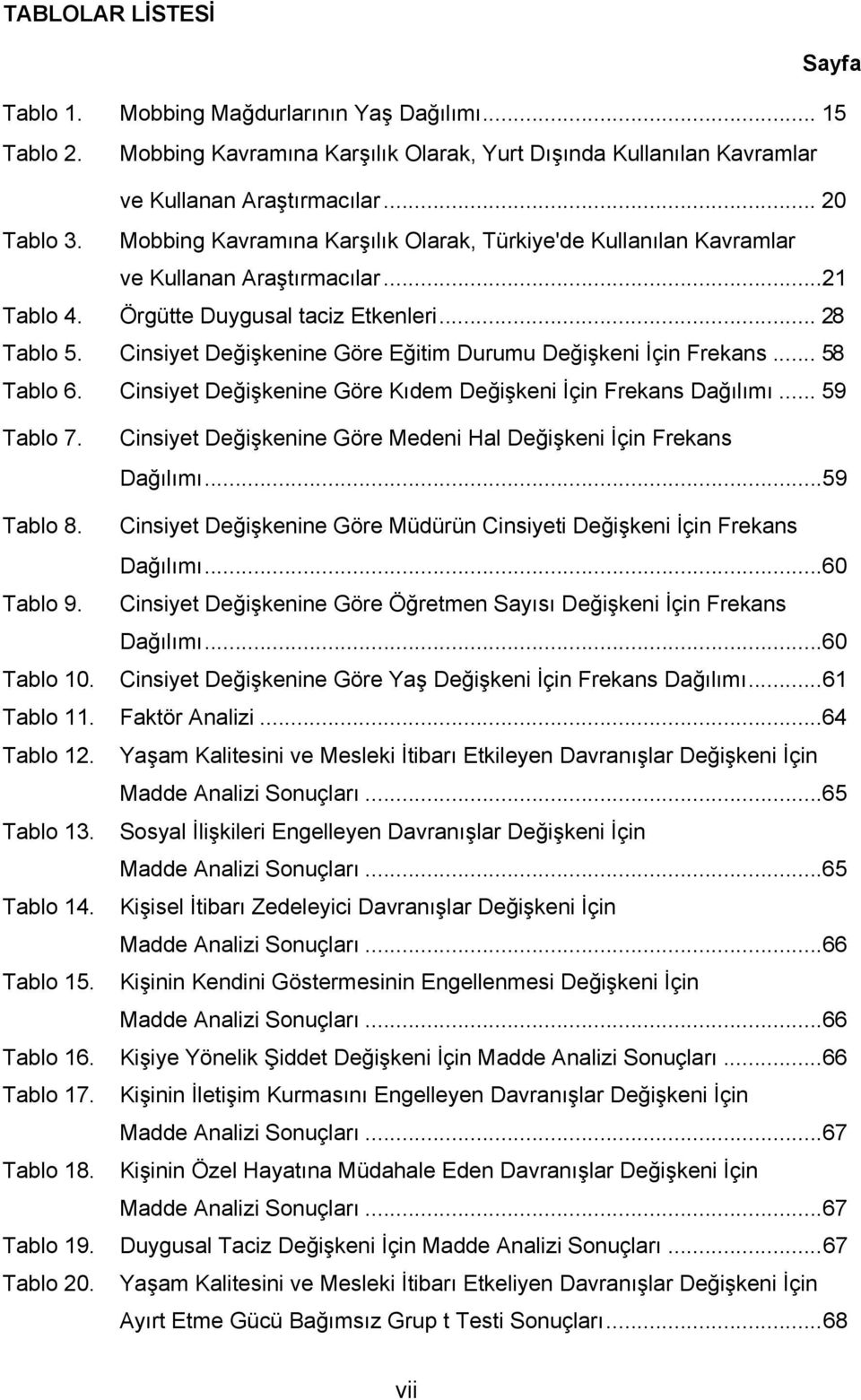 Cinsiyet Değişkenine Göre Eğitim Durumu Değişkeni İçin Frekans... 58 Tablo 6. Cinsiyet Değişkenine Göre Kıdem Değişkeni İçin Frekans Dağılımı... 59 Tablo 7.