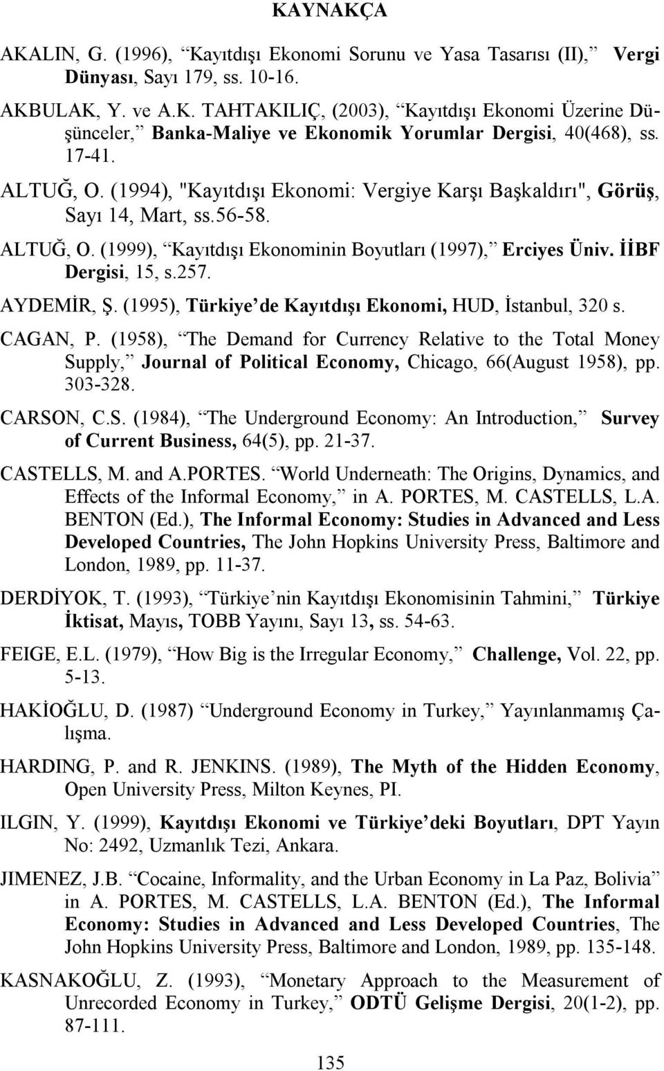 AYDEMİR, Ş. (1995), Türkiye de Kayıtdışı Ekonomi, HUD, İstanbul, 320 s. CAGAN, P.