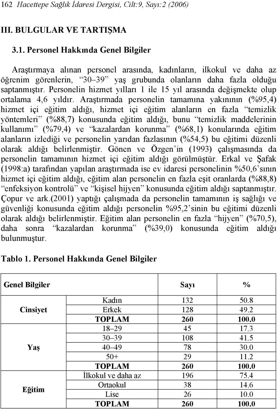 Araştırmada personelin tamamına yakınının (%95,4) hizmet içi eğitim aldığı, hizmet içi eğitim alanların en fazla temizlik yöntemleri (%88,7) konusunda eğitim aldığı, bunu temizlik maddelerinin