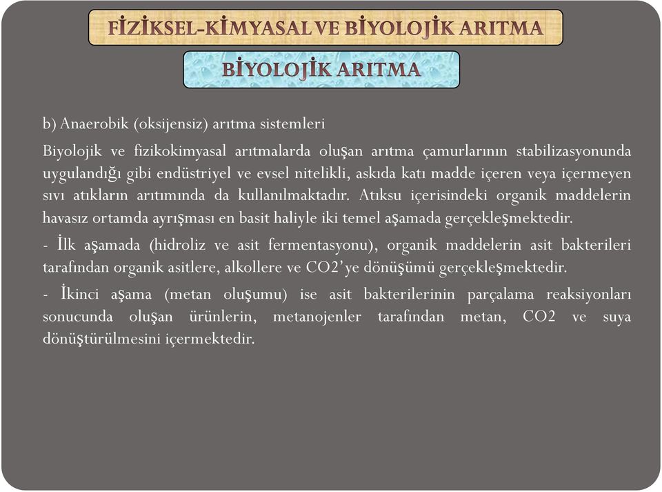 Atıksu içerisindeki organik maddelerin havasız ortamda ayrışması en basit haliyle iki temel aşamada gerçekleşmektedir.