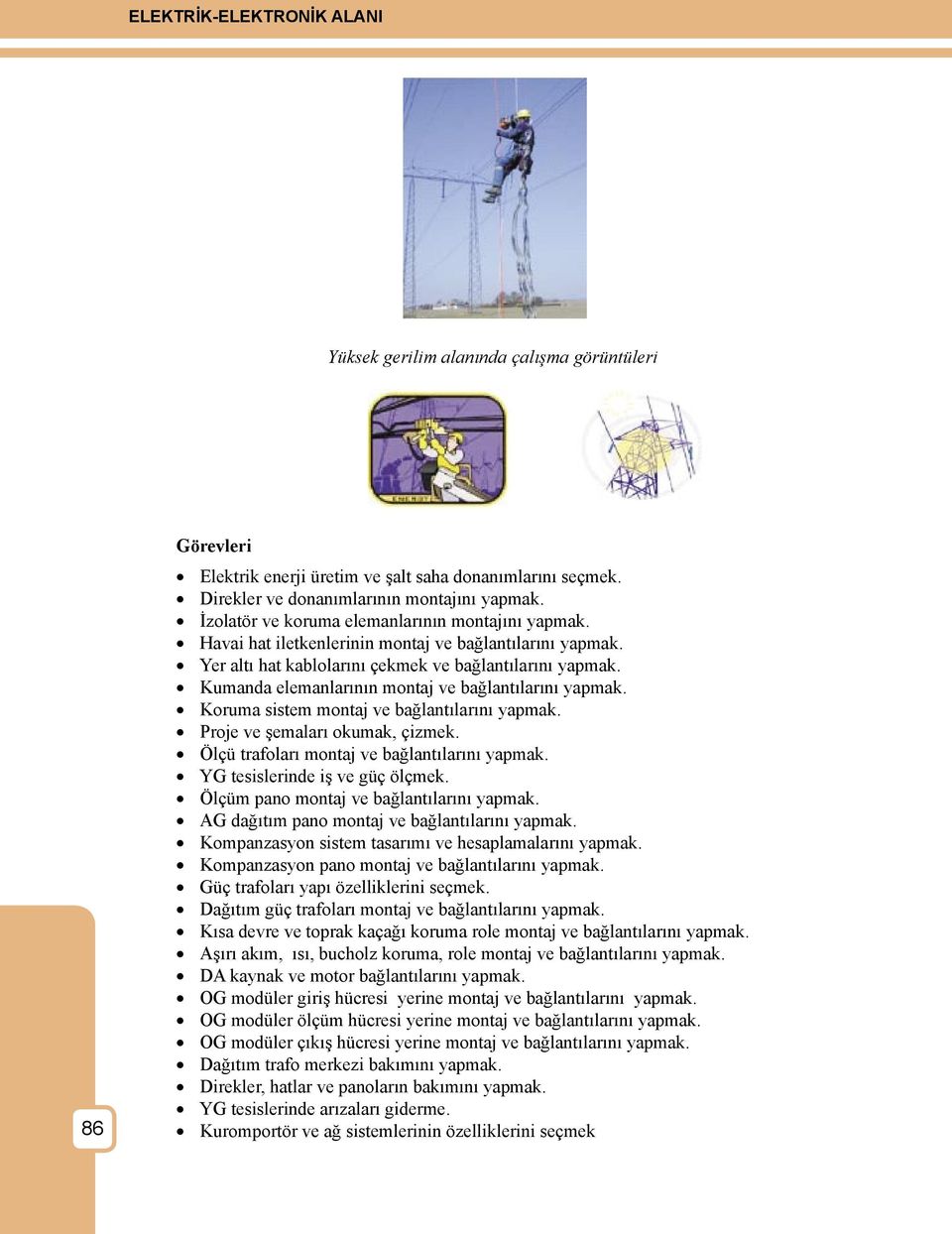 Koruma sistem montaj ve bağlantılarını yapmak. Proje ve şemaları okumak, çizmek. Ölçü trafoları montaj ve bağlantılarını yapmak. YG tesislerinde iş ve güç ölçmek.