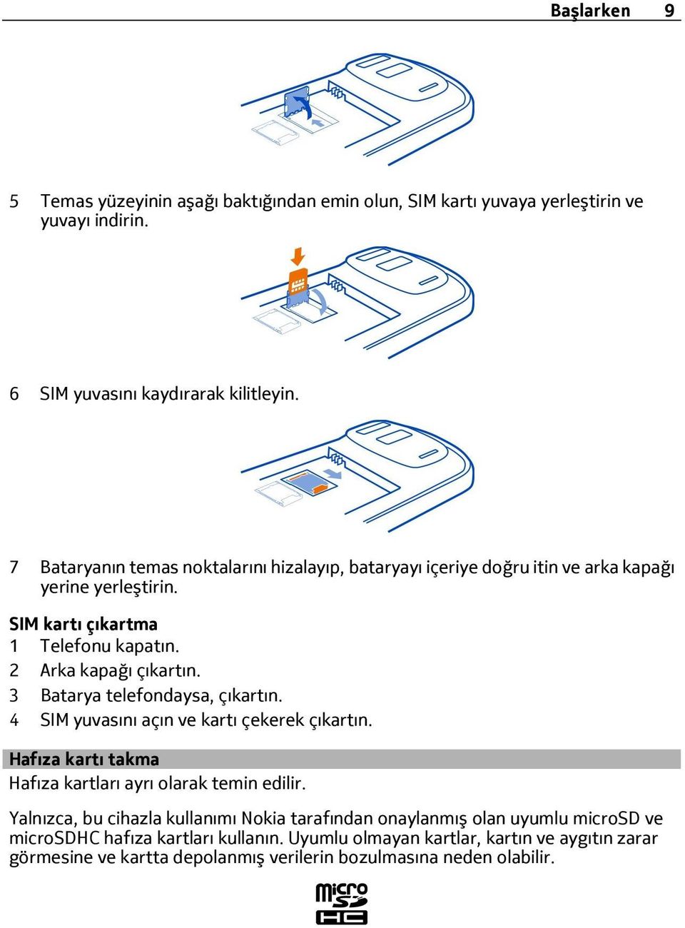 3 Batarya telefondaysa, çıkartın. 4 SIM yuvasını açın ve kartı çekerek çıkartın. Hafıza kartı takma Hafıza kartları ayrı olarak temin edilir.