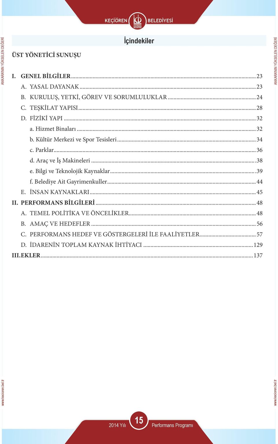 Bilgi ve Teknolojik Kaynaklar...39 f. Belediye Ait Gayrimenkuller...44 E. İNSAN KAYNAKLARI...45 II. PERFORMANS BİLGİLERİ...48 A.