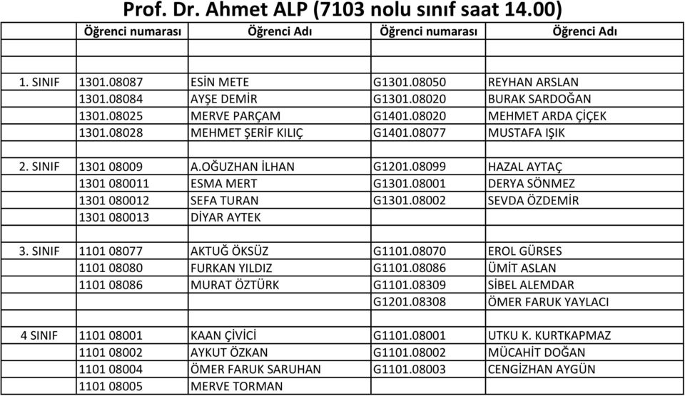 08001 DERYA SÖNMEZ 1301 080012 SEFA TURAN G1301.08002 SEVDA ÖZDEMİR 1301 080013 DİYAR AYTEK 3. SINIF 1101 08077 AKTUĞ ÖKSÜZ G1101.08070 EROL GÜRSES 1101 08080 FURKAN YILDIZ G1101.