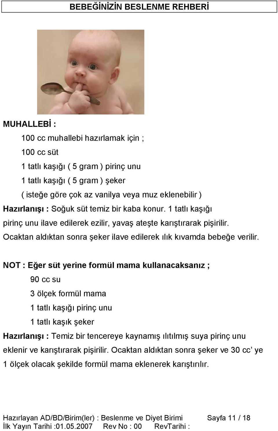 NOT : Eğer süt yerine formül mama kullanacaksanız ; 90 cc su 3 ölçek formül mama 1 tatlı kaşığı pirinç unu 1 tatlı kaşık şeker Hazırlanışı : Temiz bir tencereye kaynamış ılıtılmış suya pirinç unu