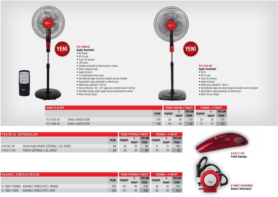 Vantilatör başlığı yukarı-aşağı manuel ayarlanabilme imkanı Renk: Kırmızı+Siyah YENİ FLV 1612 AV Ayaklı Vantilatör 55 W 40 cm çap 3 ayrı hız seviyesi Ayaklı kullanım Maksimum yükseklik: 134 cm