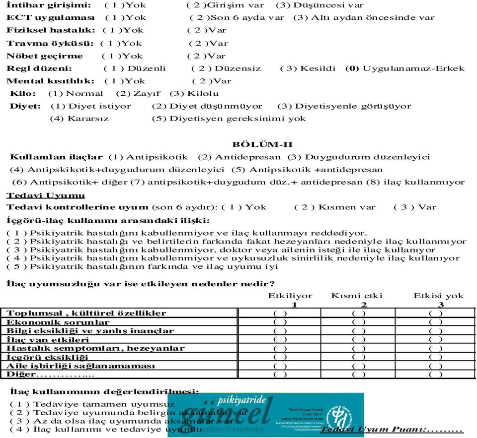 Diyet istiyor (2) Diyet düşünmüyor (3) Diyetisyenle görüşüyor (4) Kararsız (5) Diyetisyen gereksinimi yok BÖLÜM-II Kullanılan ilaçlar (1) Antipsikotik (2) Antidepresan (3) Duygudurum düzenleyici (4)