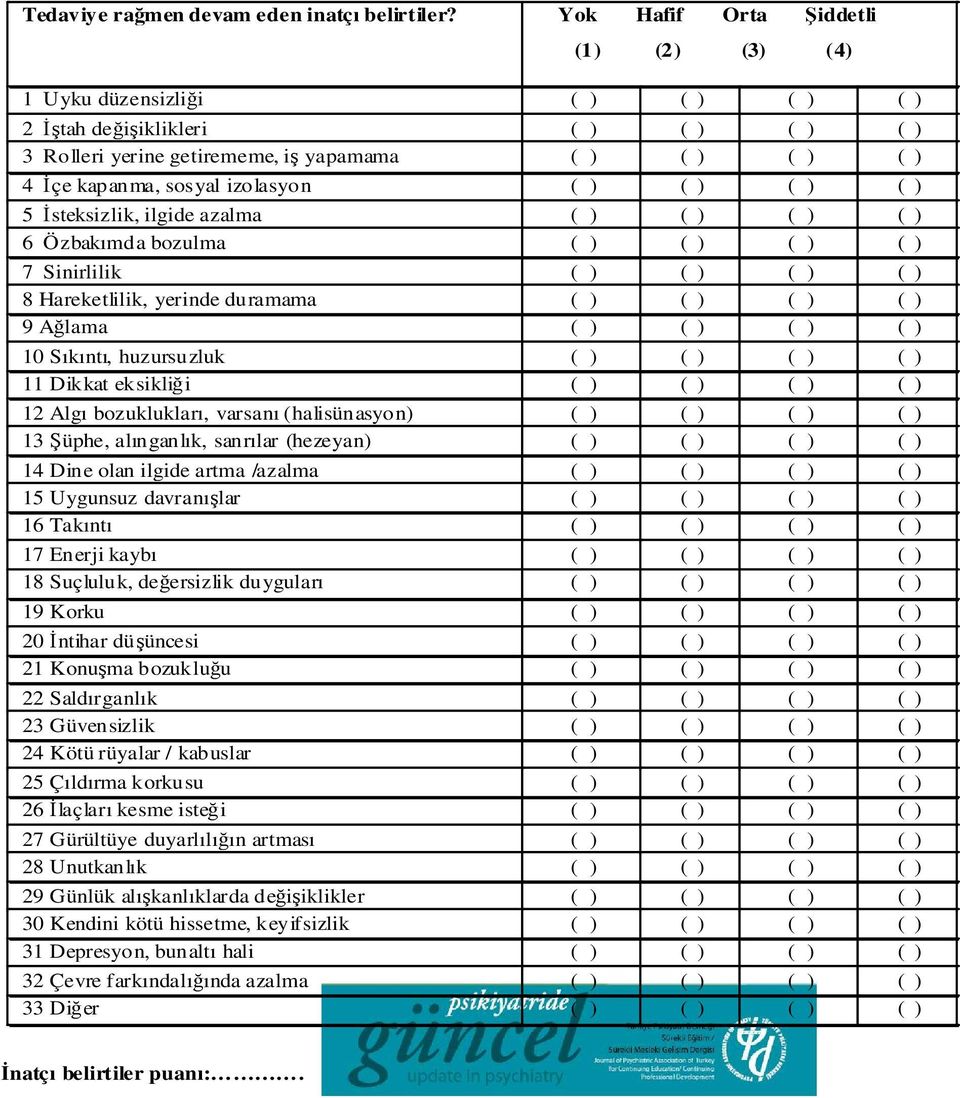 izolasyon ( ) ( ) ( ) ( ) 5 İsteksizlik, ilgide azalma ( ) ( ) ( ) ( ) 6 Özbakımda bozulma ( ) ( ) ( ) ( ) 7 Sinirlilik ( ) ( ) ( ) ( ) 8 Hareketlilik, yerinde duramama ( ) ( ) ( ) ( ) 9 Ağlama ( ) (