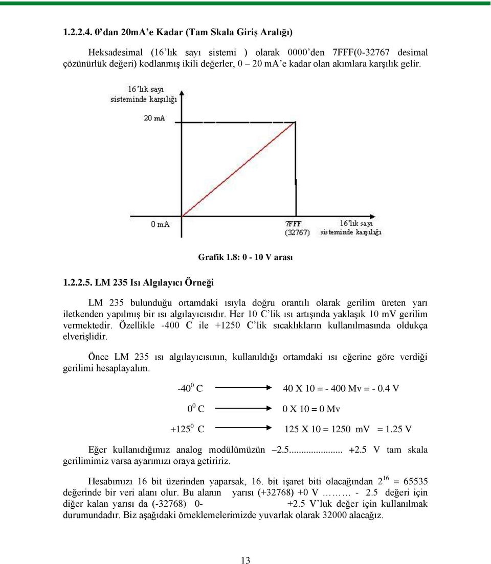 karģılık gelir. Grafik 1.8: 0-10 V arası 1.2.2.5. LM 235 Isı Algılayıcı Örneği LM 235 bulunduğu ortamdaki ısıyla doğru orantılı olarak gerilim üreten yarı iletkenden yapılmıģ bir ısı algılayıcısıdır.