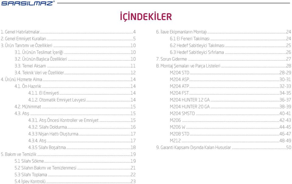 ..15 4.3.2. Silahı Doldurma...16 4.3.3 Nişan Hattı Oluşturma...17 4.3.4. Atış...17 4.3.5 Silahı Boşaltma...18 5. Bakım ve Temizlik...19 5.1 Silahı Sökme...19 5.2 Silahın Bakımı ve Temizlenmesi...21 5.