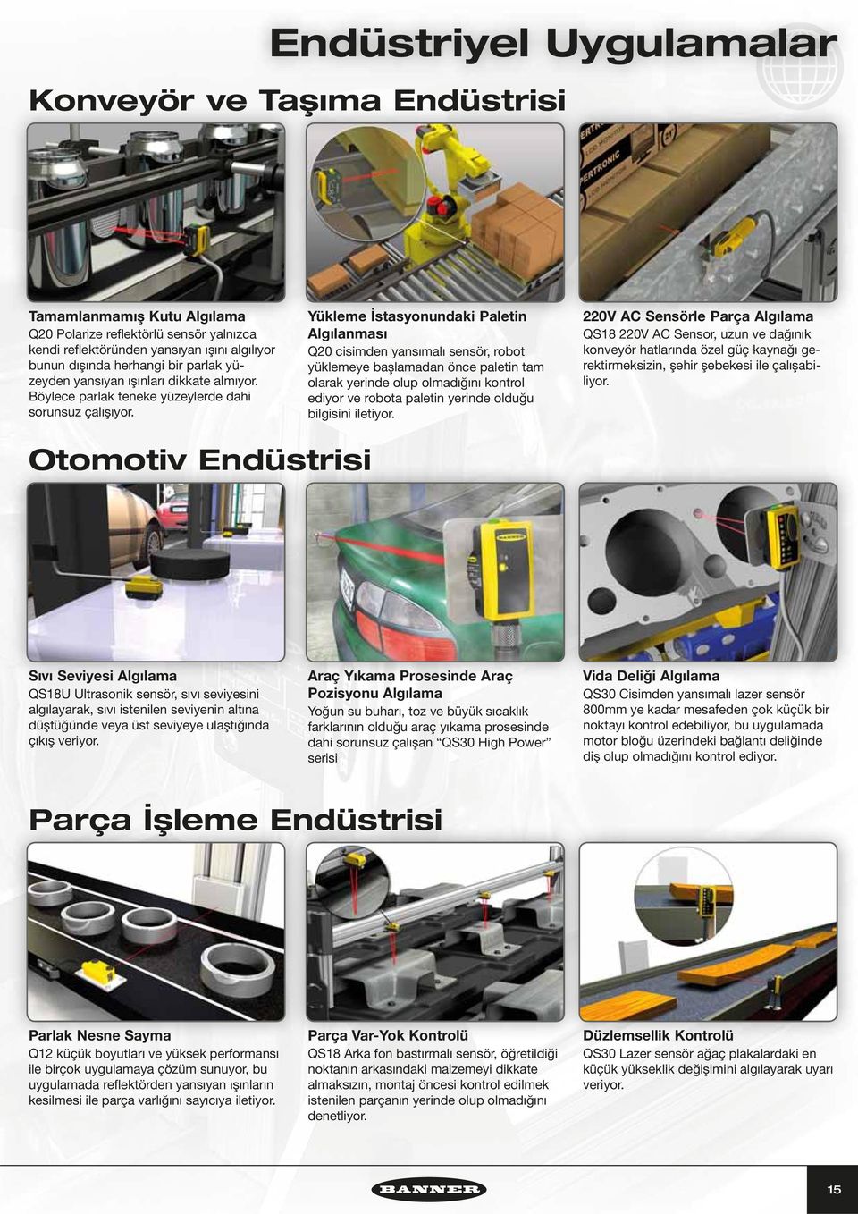 Yükleme İstasyonundaki Paletin Algılanması Q20 cisimden yansımalı sensör, robot yüklemeye başlamadan önce paletin tam olarak yerinde olup olmadığını kontrol ediyor ve robota paletin yerinde olduğu