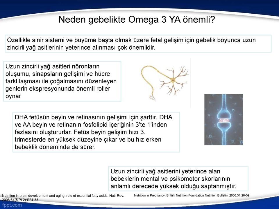 gelişimi için şarttır. DHA ve AA beyin ve retinanın fosfolipid içeriğinin 3 te 1 inden fazlasını oluştururlar. Fetüs beyin gelişim hızı 3.