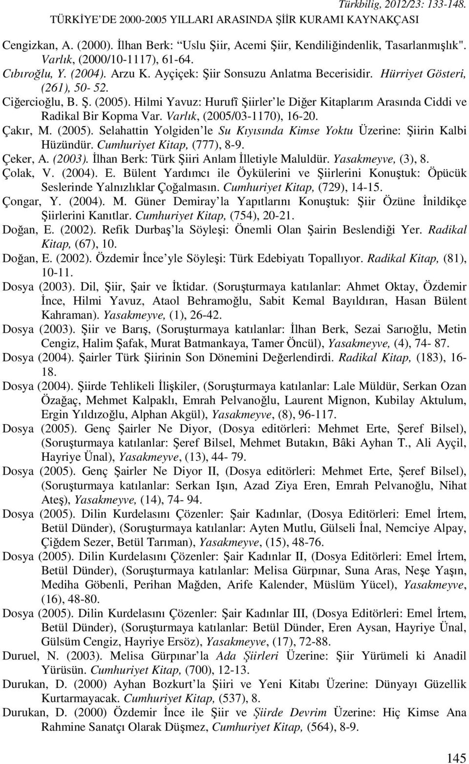 Hilmi Yavuz: Hurufî Şiirler le Diğer Kitaplarım Arasında Ciddi ve Radikal Bir Kopma Var. Varlık, (2005/03-1170), 16-20. Çakır, M. (2005).