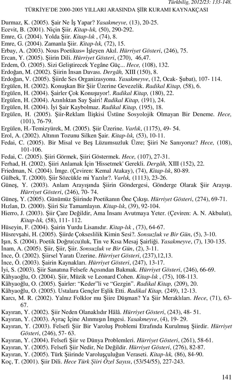 Hürriyet Gösteri, (270), 46,47. Erdem, Ö. (2005). Sizi Geliştirecek Yegâne Güç... Hece, (108), 132. Erdoğan, M. (2002). Şiirin İnsan Davası. Dergâh, XIII (150), 8. Erdoğan, V. (2005). Şiirde Ses Organizasyonu.