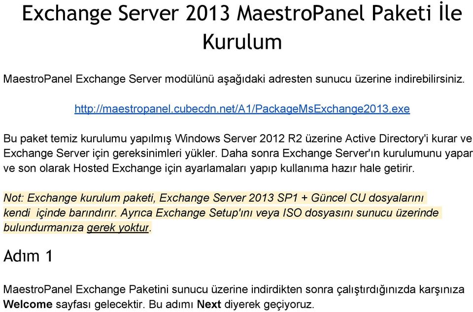 Daha sonra Exchange Server'ın kurulumunu yapar ve son olarak Hosted Exchange için ayarlamaları yapıp kullanıma hazır hale getirir.